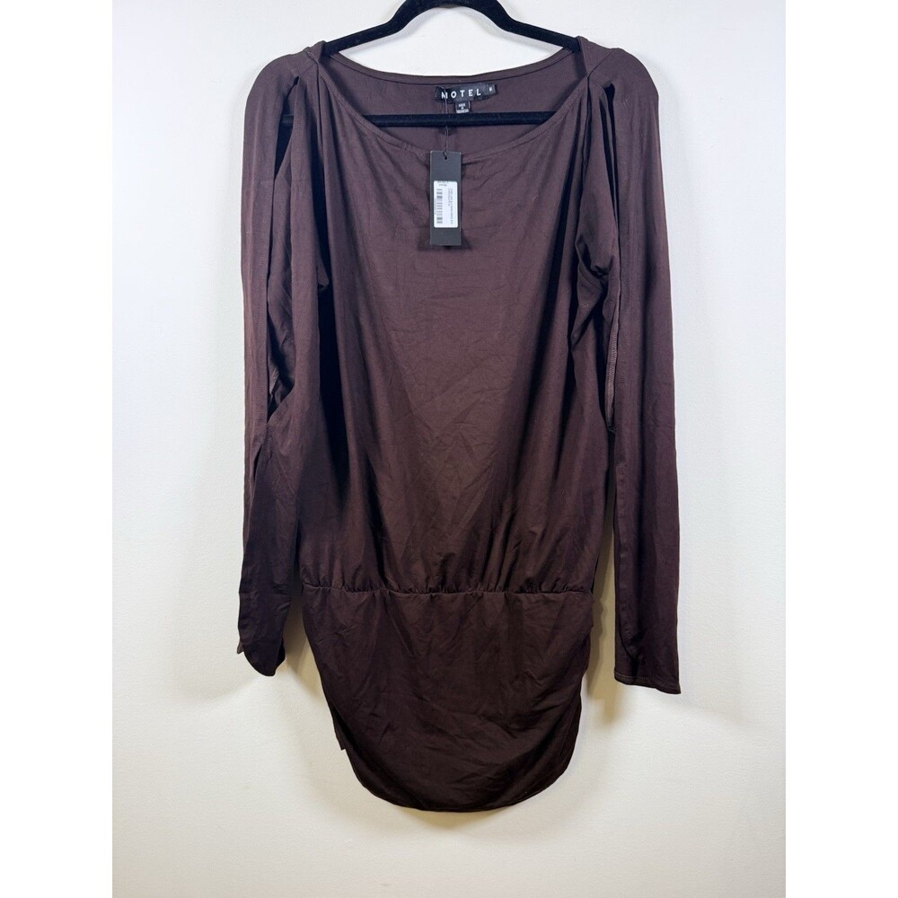 Motel Womens Brown Solid Scoop Neck Long Sleeve Jersey Mini Dress - M